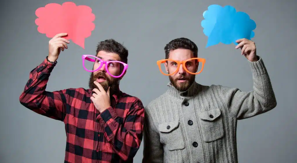 share opinion speech bubble copy space comic humor sense men with beard mustache mature hipster wear funny eyeglasses explain humor concept funny story humor comic idea men joking 4 - DT Network