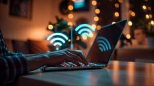 computador com pessoa digitando e mostrando três sinais de wi-fi, simbolizando o software de Wi-Fi marketing