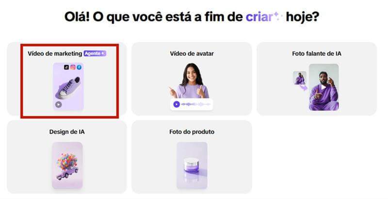 imagem com algumas opçoes de cliques para selecionar o que deseja fazer com vídeos curtos por IA