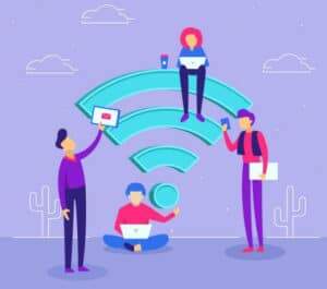 animação de pessoas com um símbolo de wi-fi, simbolizando o teste de velocidade do w-fi