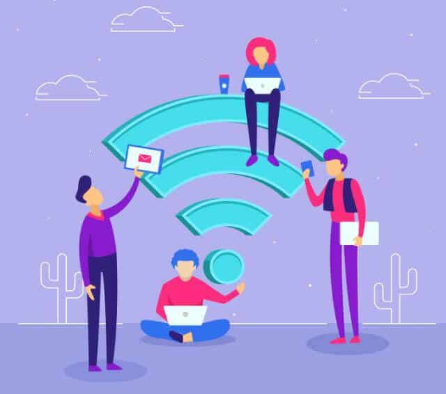 animação de pessoas com um símbolo de wi-fi, simbolizando o teste de velocidade do w-fi