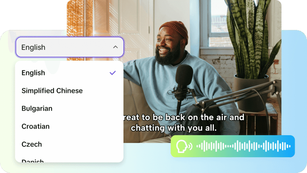 homem sentando dando entrevista enquanto a IA traduz para outras línguas e simbolizando como a redução de ruído em vídeo é prática