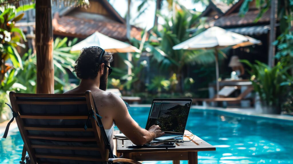 homem sentado para frente de uma piscina em um hotel com seu computador, simbolizando Como WiFi para hotel aumenta reservas diretas