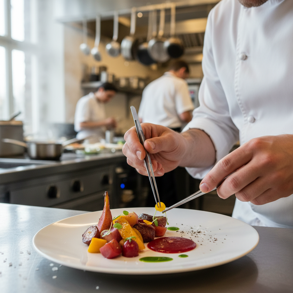Como Atrair Clientes Para o Seu Restaurante (Além do Óbvio) 2 Close no preparo detalhado de um prato gourmet para ilustrar como atrair clientes para o seu restaurante com qualidade.