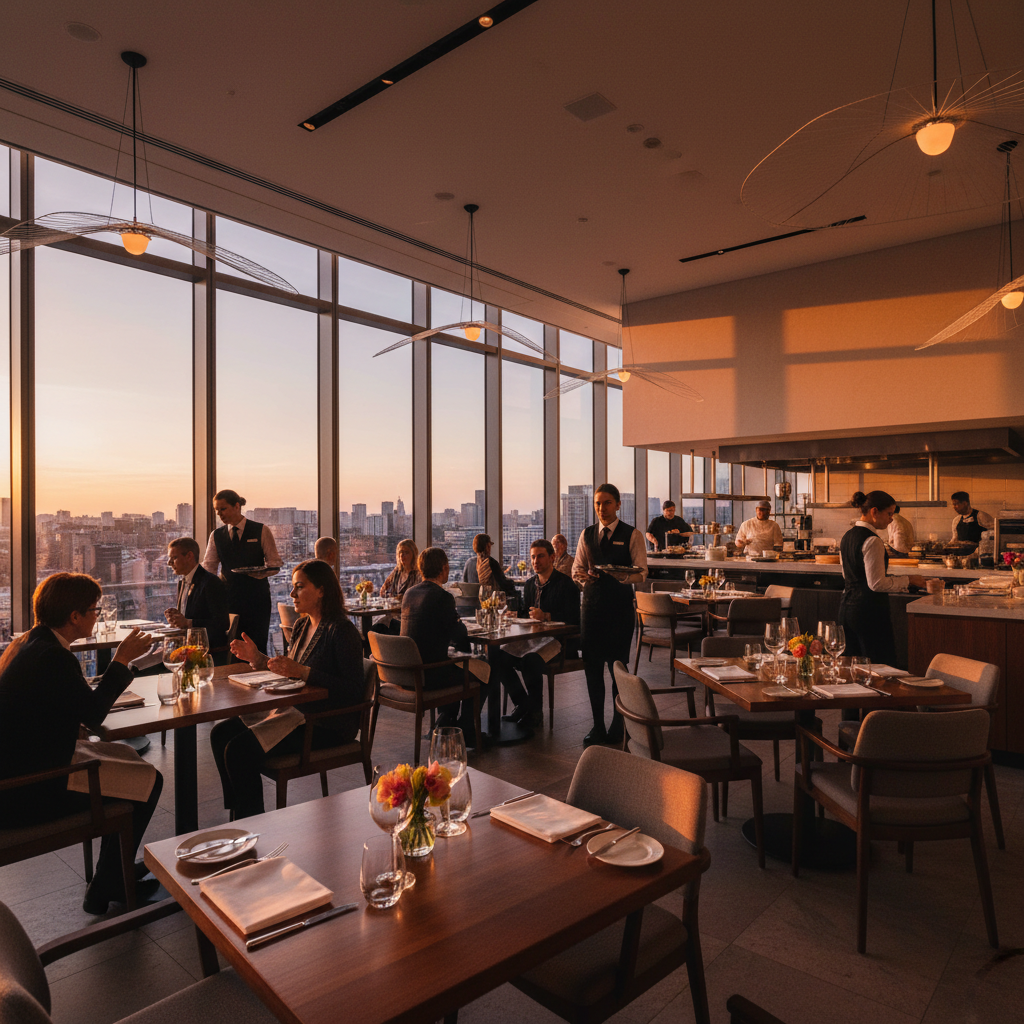 Como Atrair Clientes Para o Seu Restaurante (Além do Óbvio) 4 Salão de restaurante moderno e iluminado com clientes, ideal para quem busca como atrair clientes para o seu restaurante.