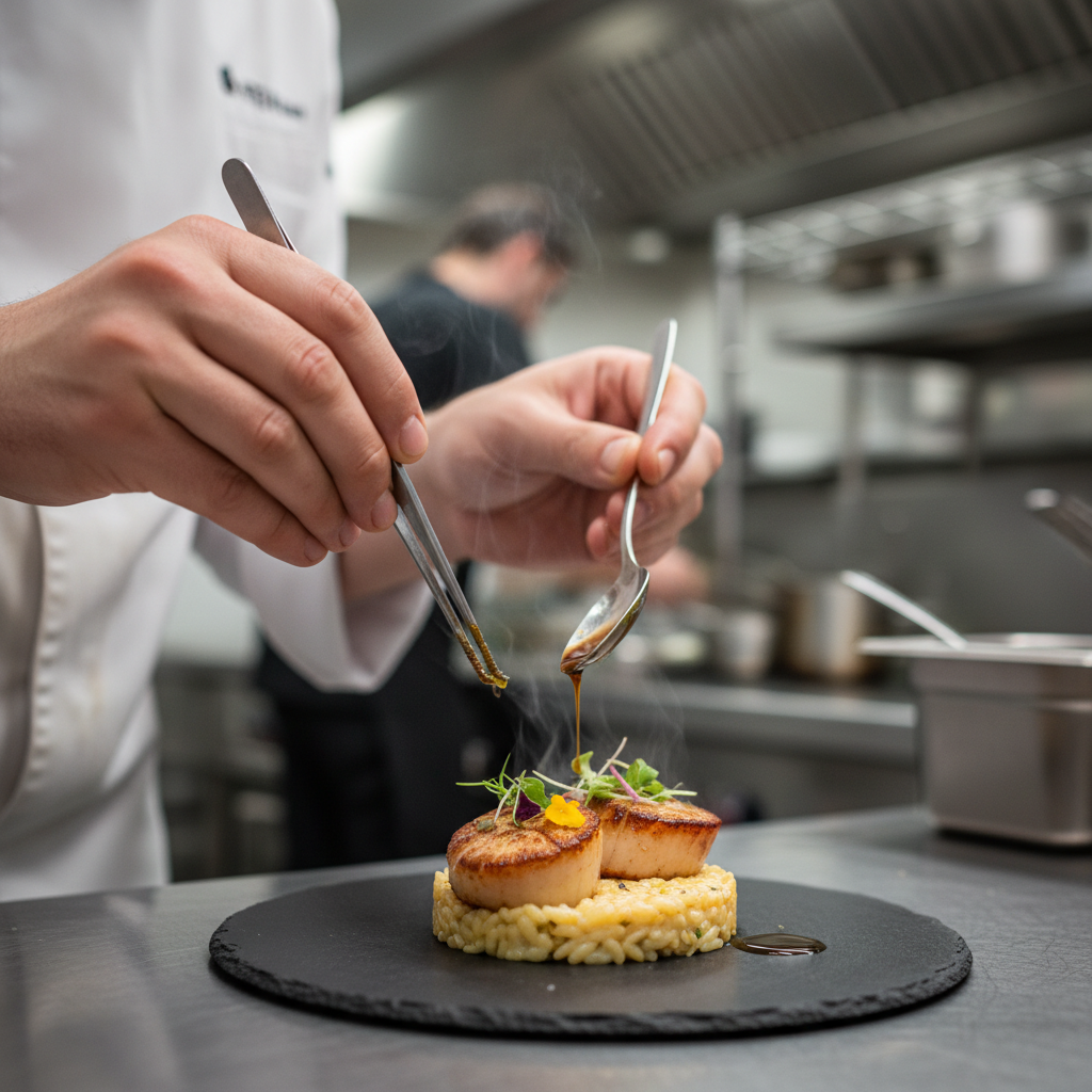 Mãos de chef finalizando prato refinado em detalhe para mostrar como aumentar as vendas no restaurante com qualidade.
