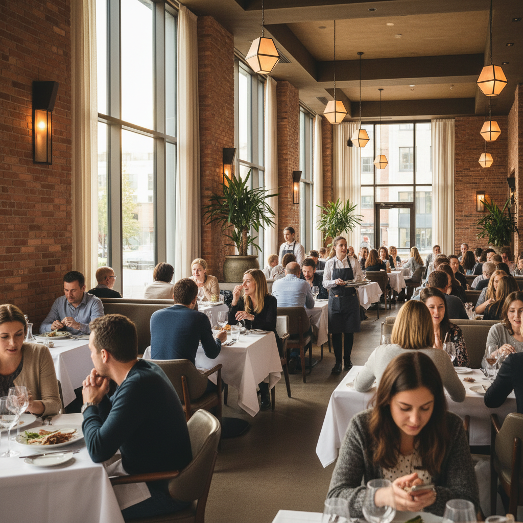 Salão de restaurante movimentado com clientes e iluminação natural focado em como aumentar as vendas no restaurante.
