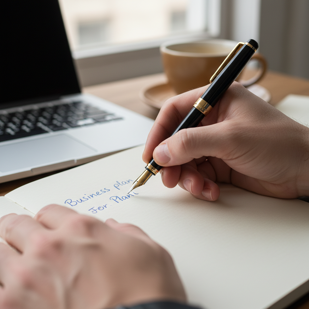 Como começar a empreender (e não virar estatística) 2 Close das mãos de uma pessoa escrevendo em um caderno sobre como começar a empreender com planejamento detalhado.