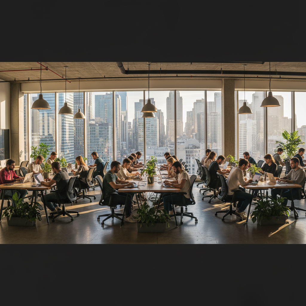 Como começar a empreender (e não virar estatística) 4 Ambiente de coworking moderno e amplo com pessoas trabalhando para mostrar como começar a empreender com foco.