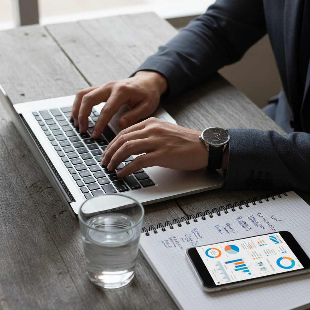 Mãos digitando em notebook ao lado de metas de como criar um plano de negócios para um empreendimento online.