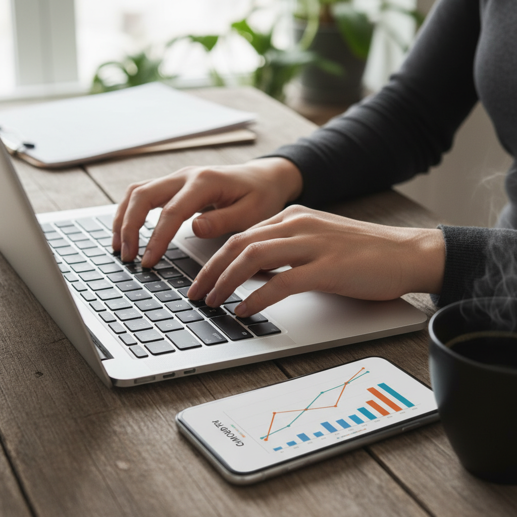 Close das mãos de um empresário ao teclado e celular com gráficos ao empreender internet em sua mesa de trabalho.