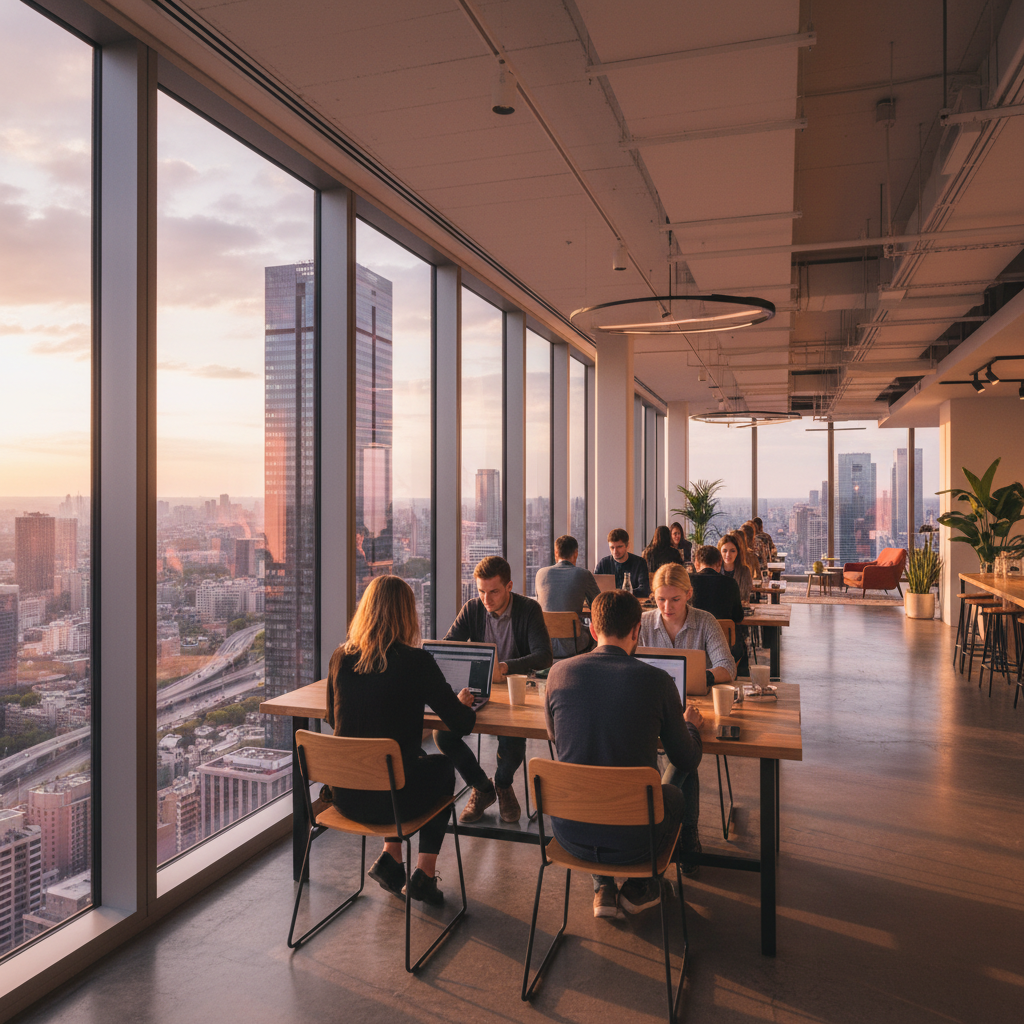 Vista ampla de um escritório moderno com profissionais trabalhando para empreender internet com vista da cidade.