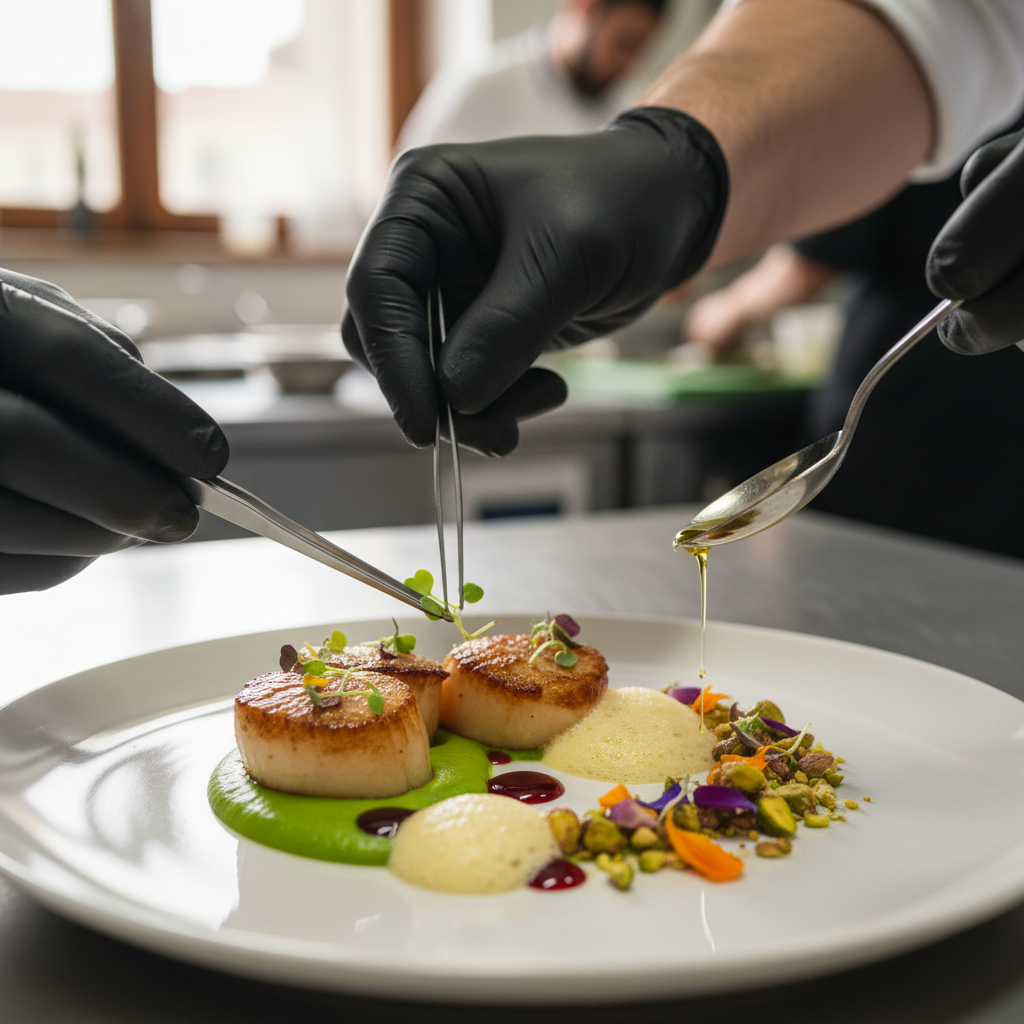 Close no preparo de prato gourmet focado em detalhes para estrategia de marketing digital para restaurante.