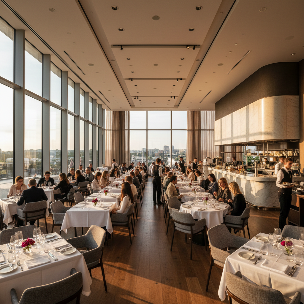 Vista ampla de restaurante elegante com mesas postas e luz natural para estratégia de promoção para restaurante.