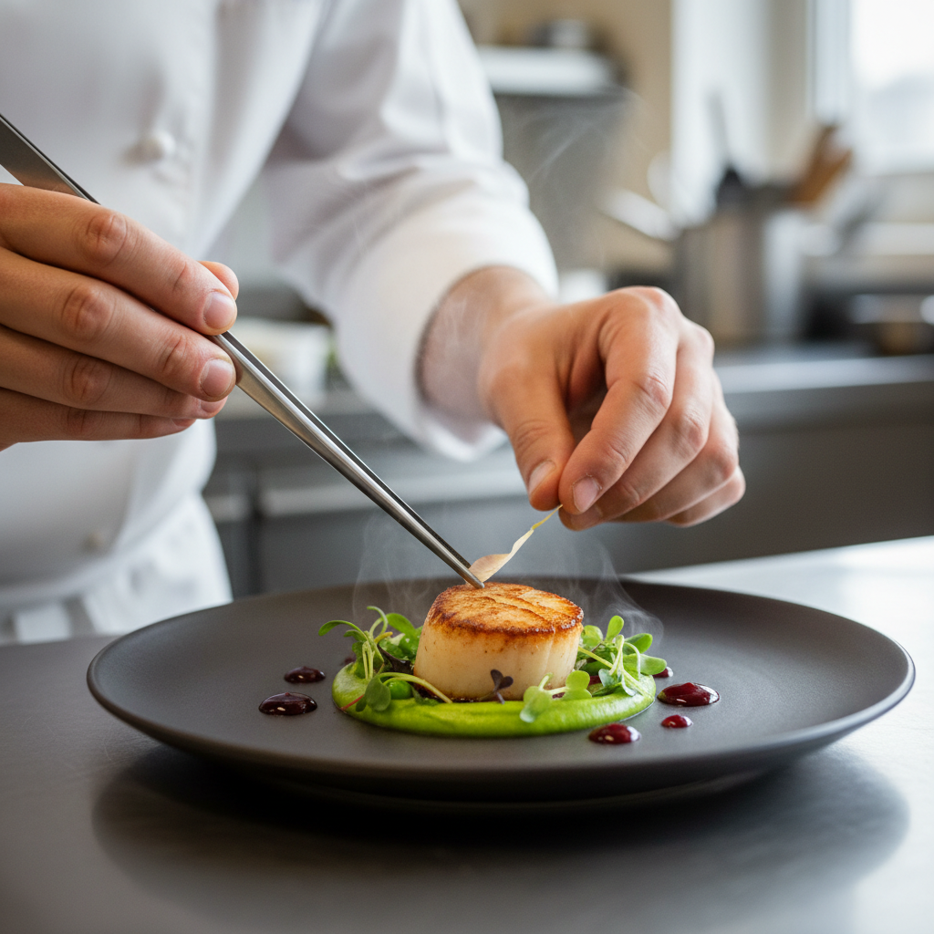 Chef finaliza prato em detalhe como parte da estratégia para fazer seu restaurante decolar mantendo o padrão de qualidade.