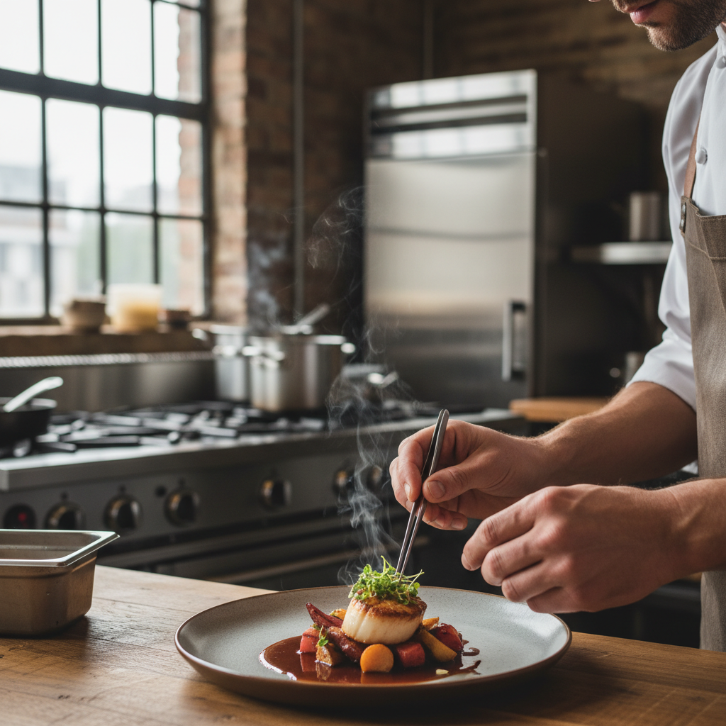 7 estratégias para restaurantes em cidades pequenas 2 Chef prepara prato detalhadamente como parte das estratégias para restaurantes em cidades pequenas e gestão de qualidade.