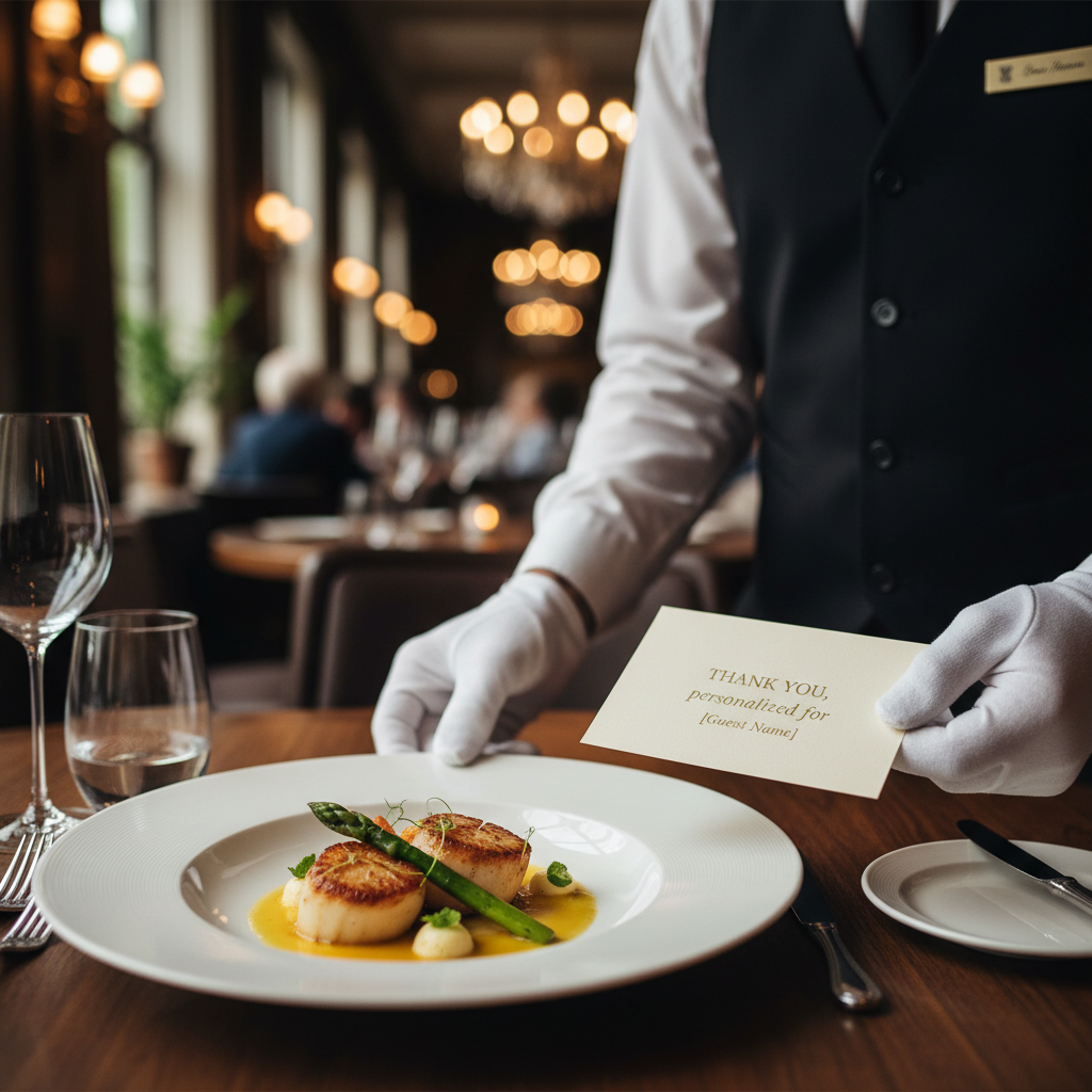 Close das mãos de garçom servindo prato com cartão especial para fidelizar clientes no restaurante com bom atendimento.