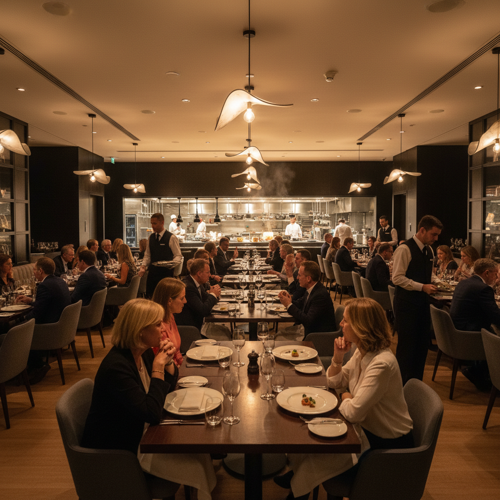 Vista panorâmica de restaurante movimentado com clientes em mesas elegantes para fidelizar clientes restaurante.