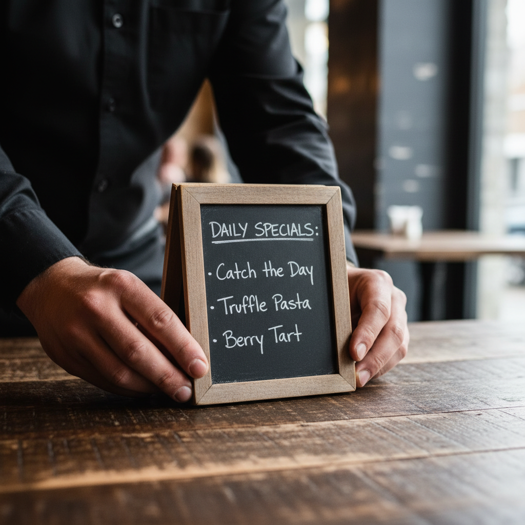 Detalhe de mãos de funcionário ajustando menu com frases marketing restaurante em close-up e foco seletivo.
