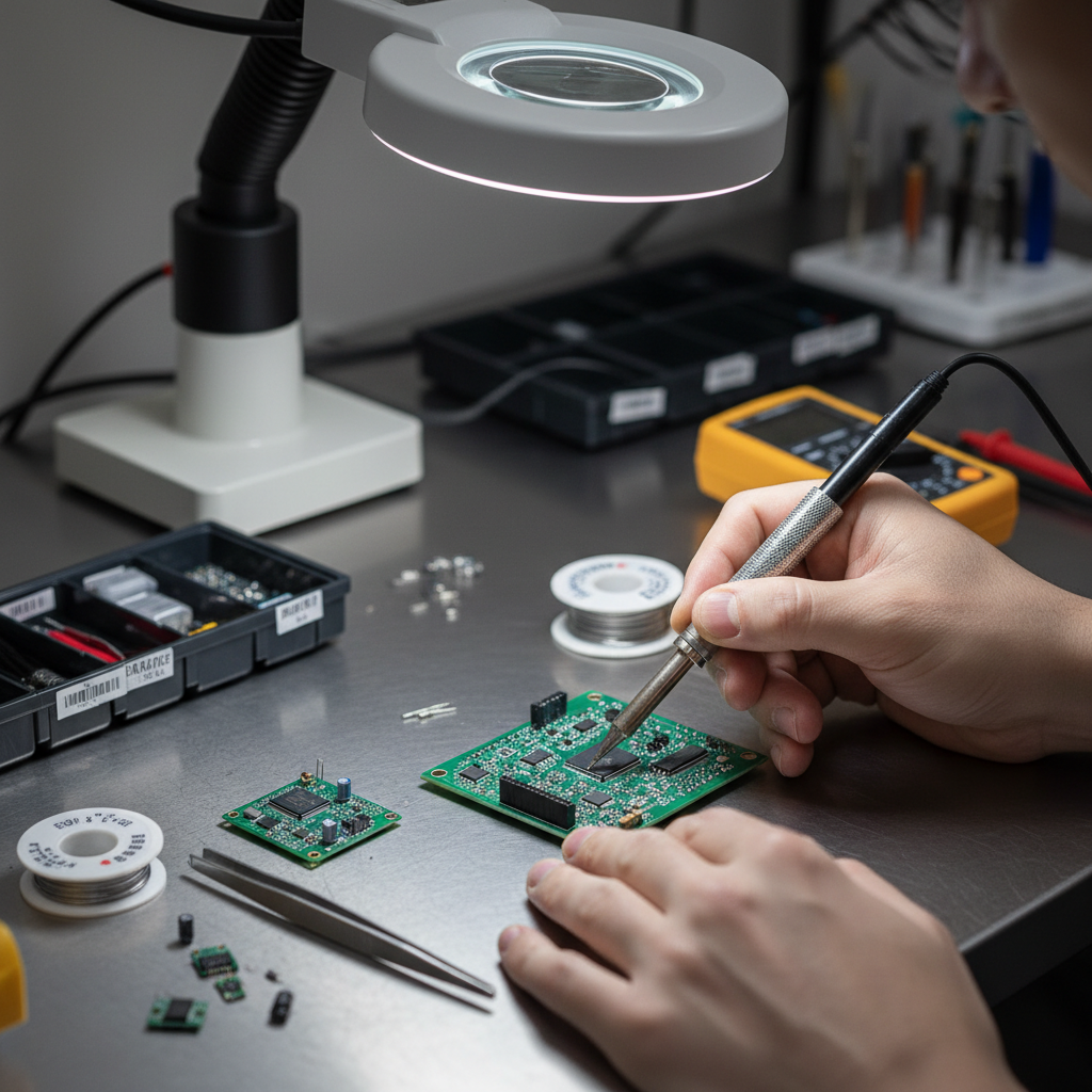 Ideias de empreendimento para 2025 com filtro real 2 Detalhe de mãos trabalhando em circuito eletrônico como exemplo técnico de ideias de empreendimento inovadoras.
