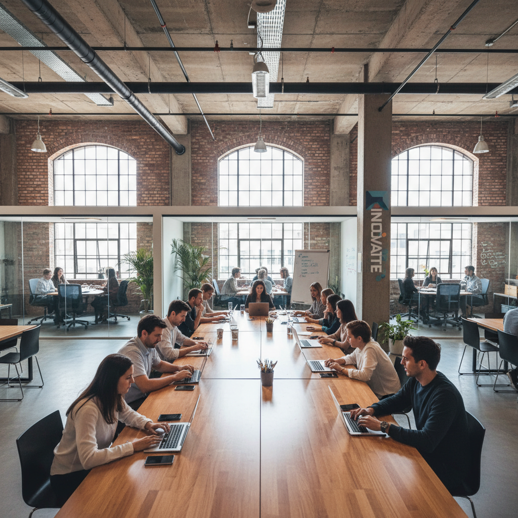 Ideias de empreendimento para 2025 com filtro real 4 Escritório compartilhado moderno repleto de profissionais explorando novas ideias de empreendimento com vista ampla.