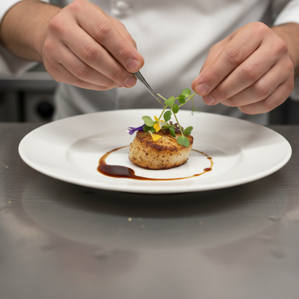 Detalhe de chef finalizando prato com técnica para ilustrar ideias de marketing para restaurantes de sucesso.