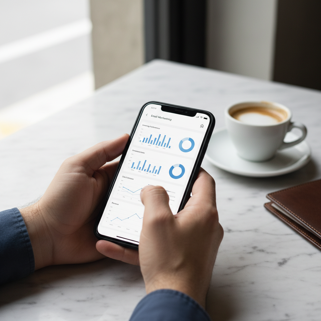 Email Marketing para Restaurantes em SP: ROI de 36:1 2 pessoa com celular na mão com gráficos, simbolizando email marketing para restaurantes sp.