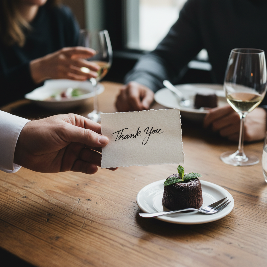 70% não voltam: Marketing de Relacionamento em Restaurantes 2 Garçom entrega bilhete personalizado reforçando o marketing de relacionamento em restaurantes em detalhe aproximado.