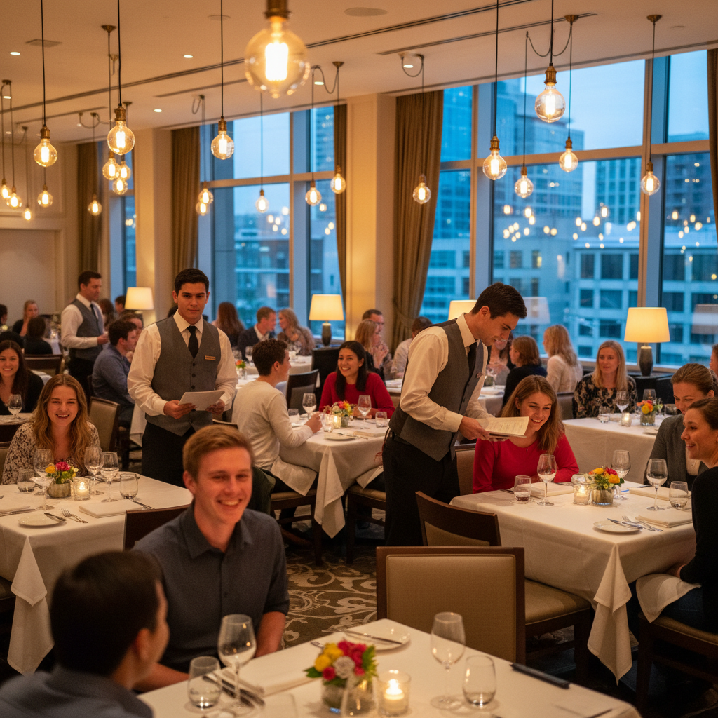 70% não voltam: Marketing de Relacionamento em Restaurantes 3 Vista ampla de salão cheio exemplificando marketing de relacionamento em restaurantes em um ambiente acolhedor.