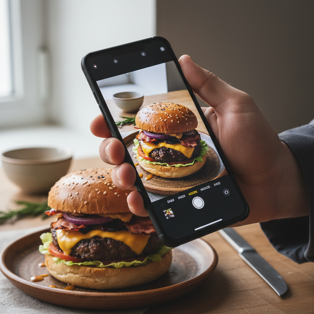 Marketing para bares e restaurantes: o que funciona 2 Celular fotografando prato gourmet em close focado no marketing digital para bares e restaurantes em ação prática.