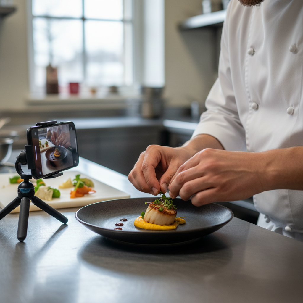 Cena de chef produzindo conteúdo de vídeo com celular focando no marketing digital para bares e restaurantes e gastronomia.