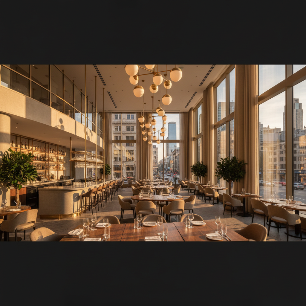 Marketing para bares e restaurantes: o que funciona 4 Visão ampla de restaurante iluminado para estratégias de marketing digital para bares e restaurantes em ambiente moderno.