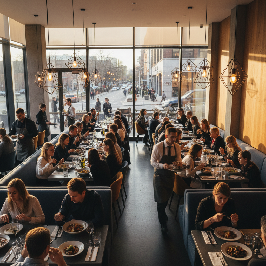 Ambiente amplo de restaurante movimentado com clientes e luz natural ideal para marketing digital para bares e restaurantes.