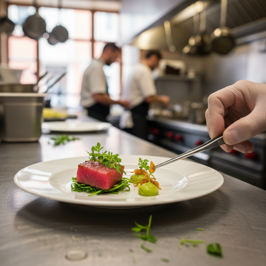 Detalhe das mãos de um chef finalizando um prato refinado ressaltando o marketing para restaurantes de alta qualidade.