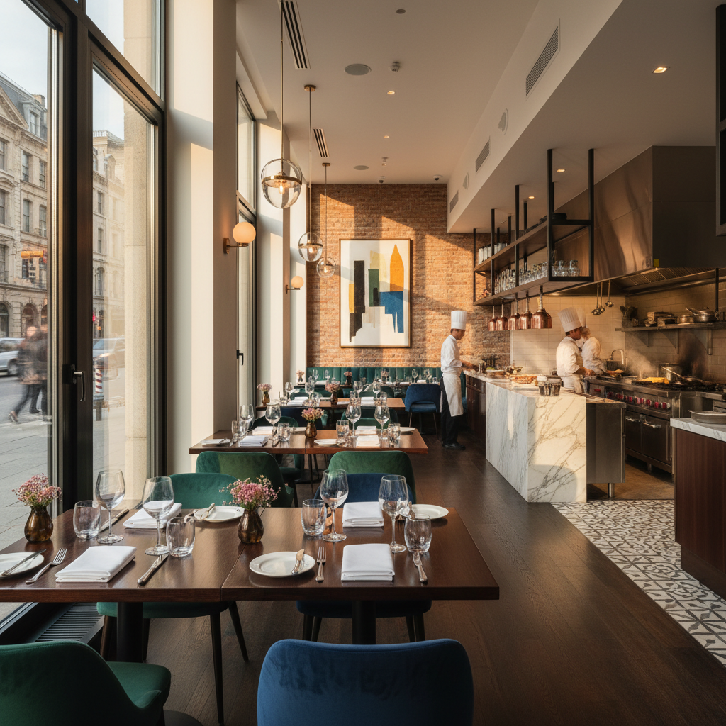 Vista ampla de salão moderno de gastronomia para ilustrar estratégias de marketing para restaurantes e atrair clientes.