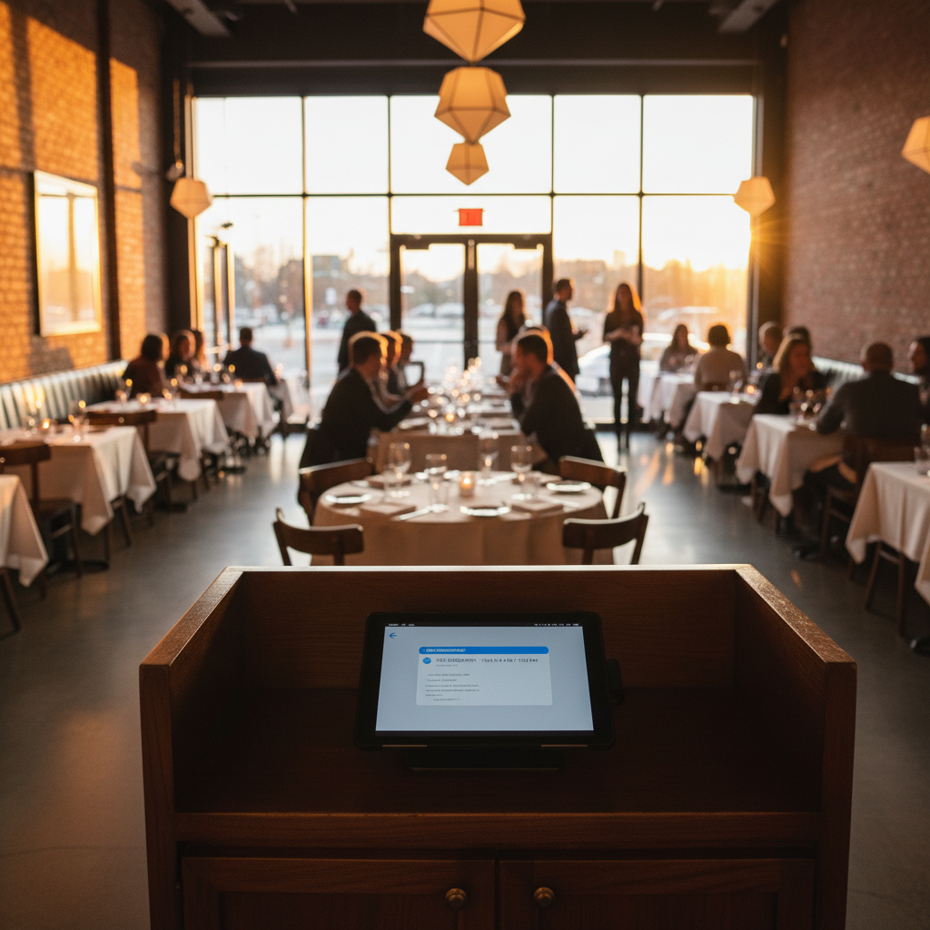 Visão ampla de restaurante iluminado com tablet exibindo mensagem de restaurante para cliente em um balcão de madeira.