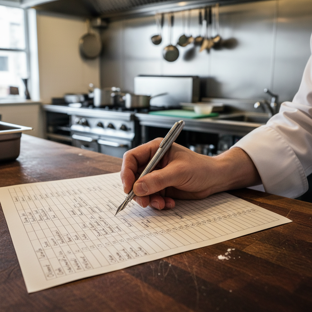 Mão de chef anotando dados operacionais em planilha sobre planejamento estratégico para restaurantes em close.