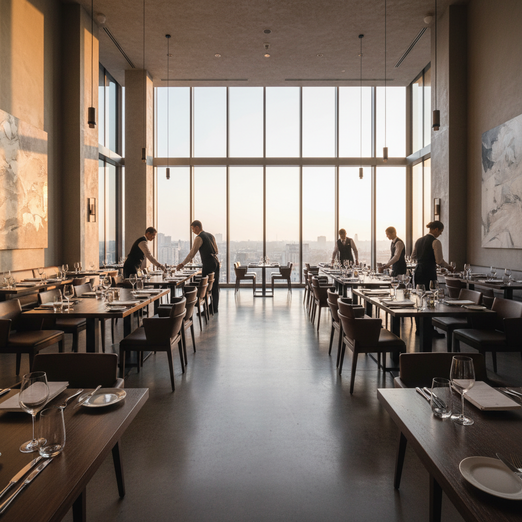 Vista ampla de salão moderno em luz natural para o planejamento estratégico para restaurantes e sua organização.