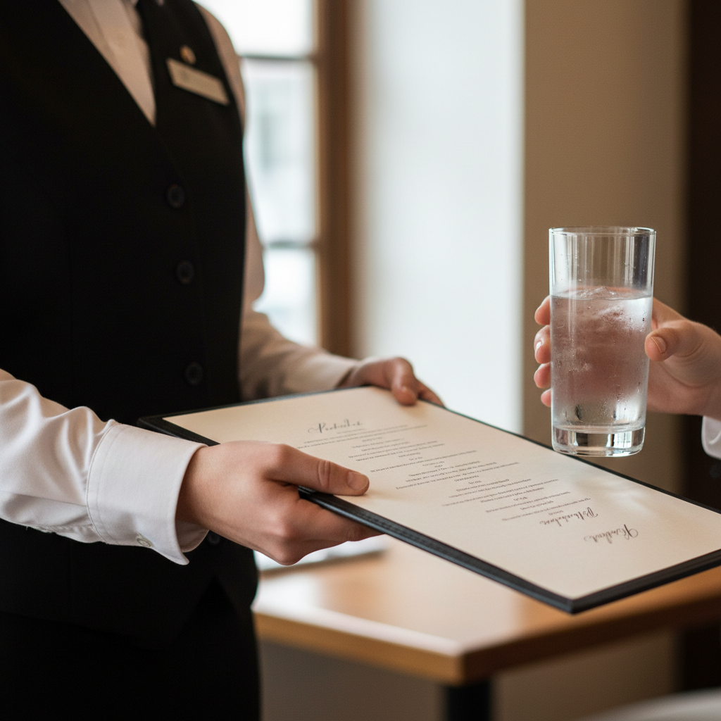 Close das mãos de um garçom entregando o menu ao cliente focando na qualidade do atendimento ao cliente restaurante.