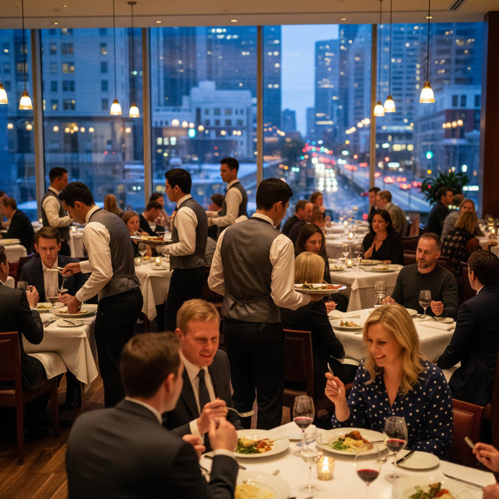 Garçons servindo mesas em salão amplo e iluminado durante o atendimento ao cliente restaurante em um cenário luxuoso.
