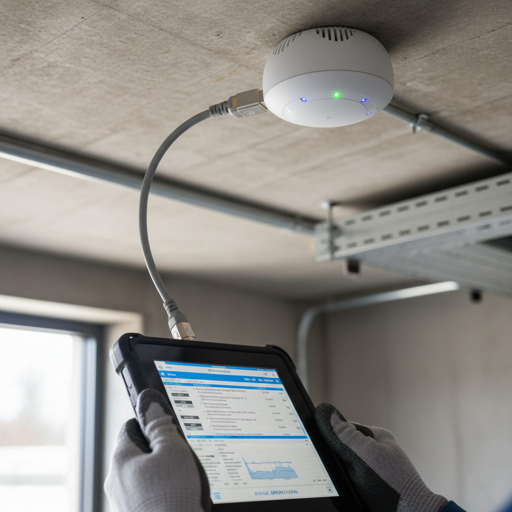 Detalhe de mãos usando tablet para configurar roteador durante auditoria de segurança em redes wi-fi de alta performance.