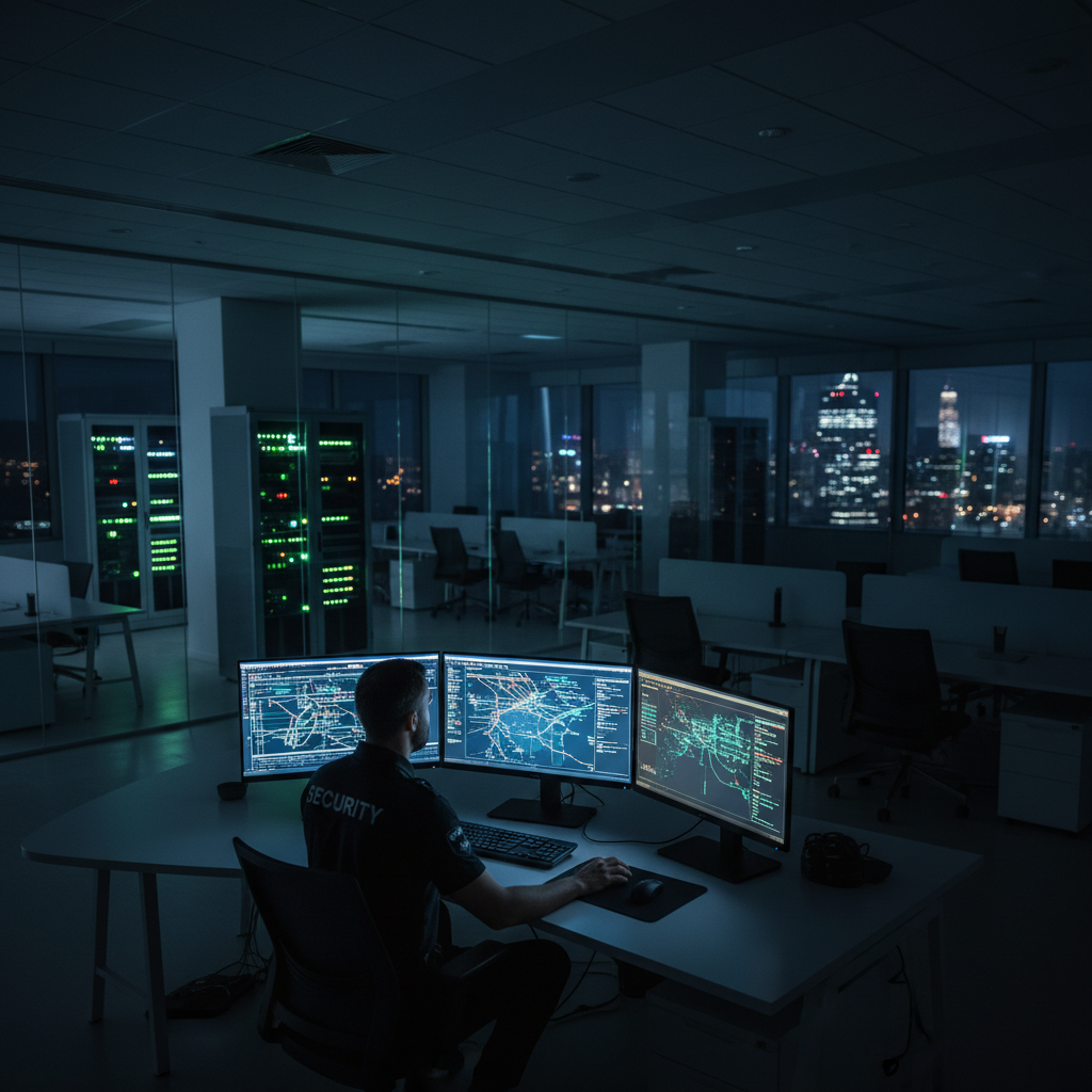 Profissional em escritório amplo analisando mapas de rede para uma auditoria de segurança em redes wi-fi corporativa.