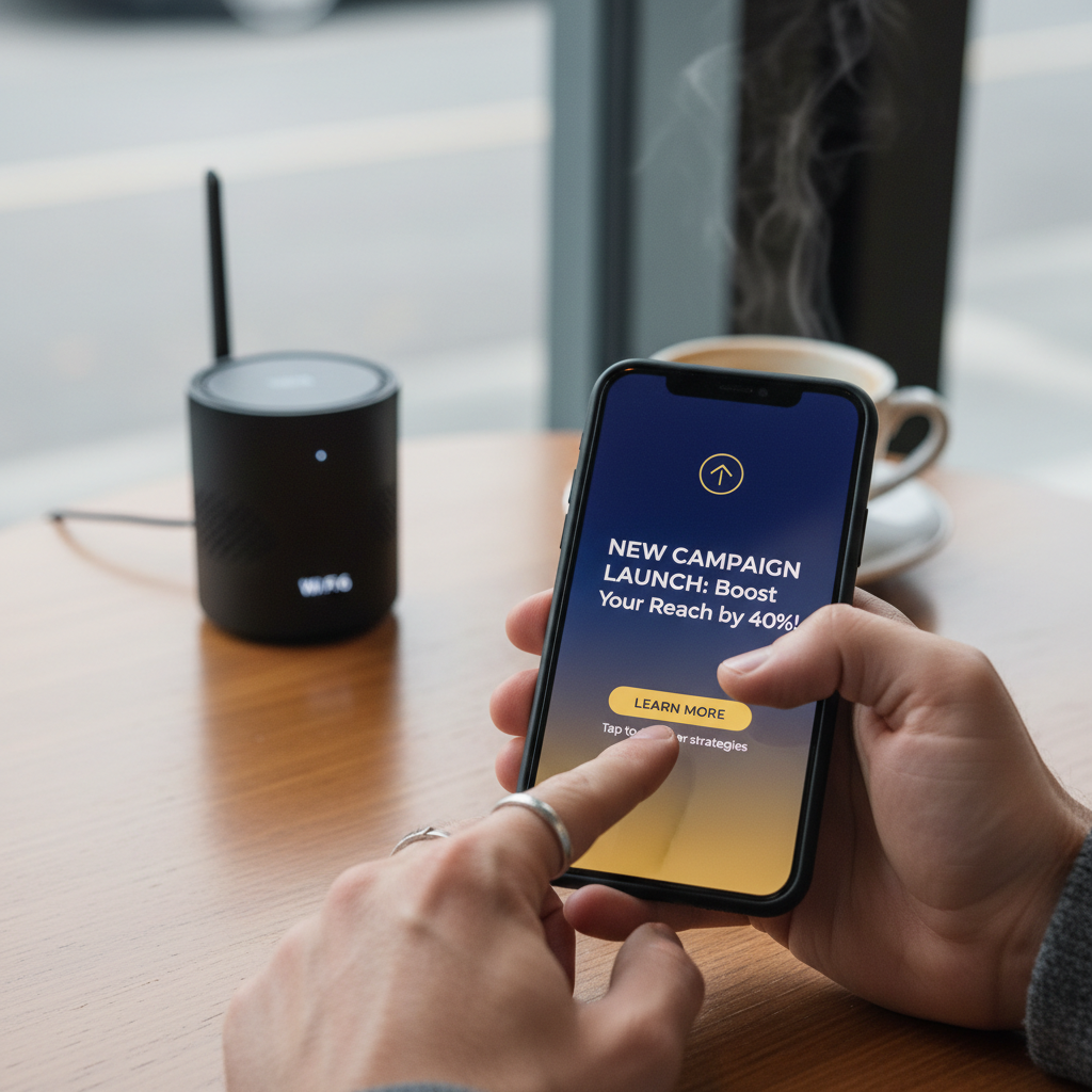 Smartphone em close exibindo notificação de automação de marketing com hotspot em uma mesa de café com roteador ao fundo.