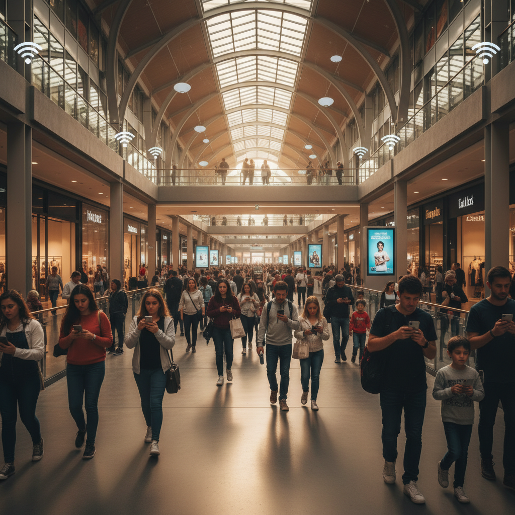 Pessoas em um shopping moderno usando internet via automação de marketing com hotspot em um ambiente amplo e iluminado.