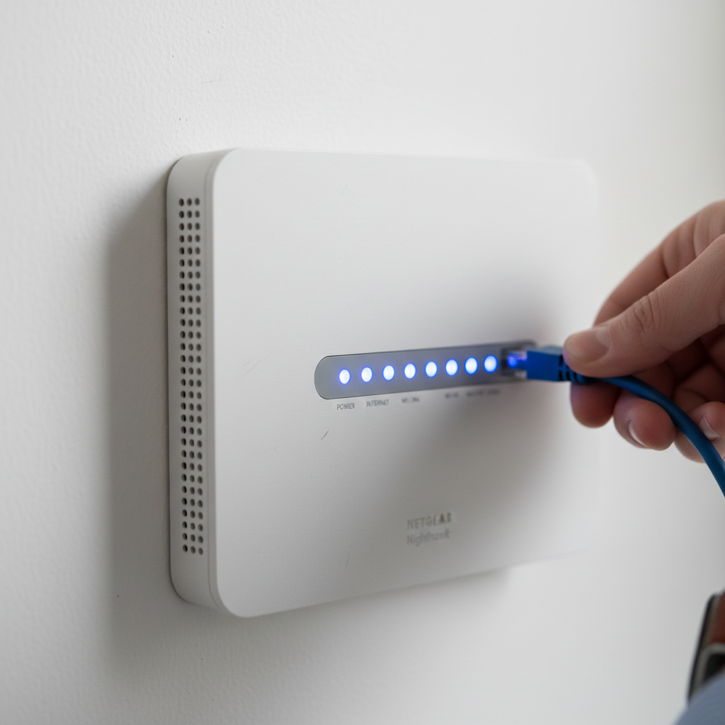 Boas Práticas Wi-Fi para Estabelecimentos: 9 que Funcionam 2 Close no roteador profissional com luzes LED acesas aplicando boas práticas wi-fi para estabelecimentos no suporte.