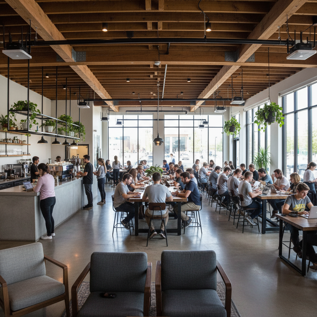 Boas Práticas Wi-Fi para Estabelecimentos: 9 que Funcionam 4 Ambiente amplo de café moderno com clientes usando notebooks ilustrando boas práticas wi-fi para estabelecimentos.