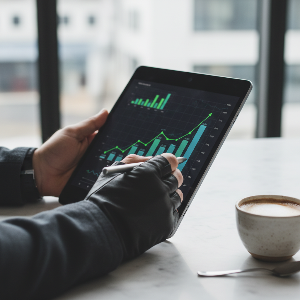Detalhe de mãos analisando gráficos financeiros no tablet mostrando foco em bons negócios para empreender com sucesso.