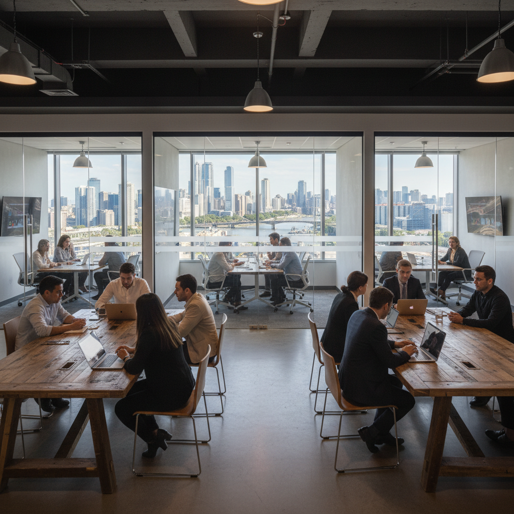 Empreendedores em um escritório moderno amplo exemplificando bons negócios para empreender em um ambiente iluminado.