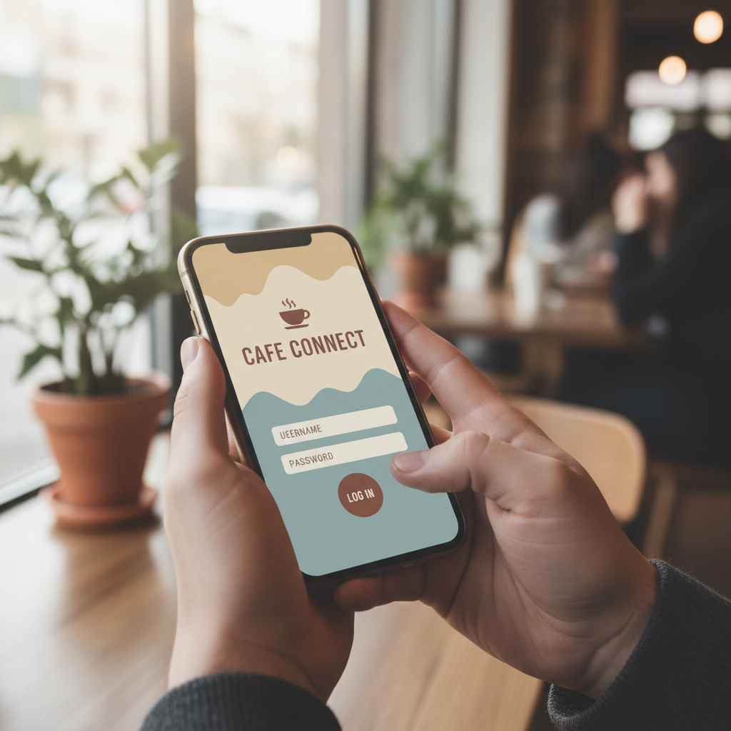 Campanhas automatizadas via Wi-Fi: Guia com ROI Real 2 Mão segurando celular conectando em campanhas automatizadas via wi-fi dentro de um café com foco nítido e detalhado.