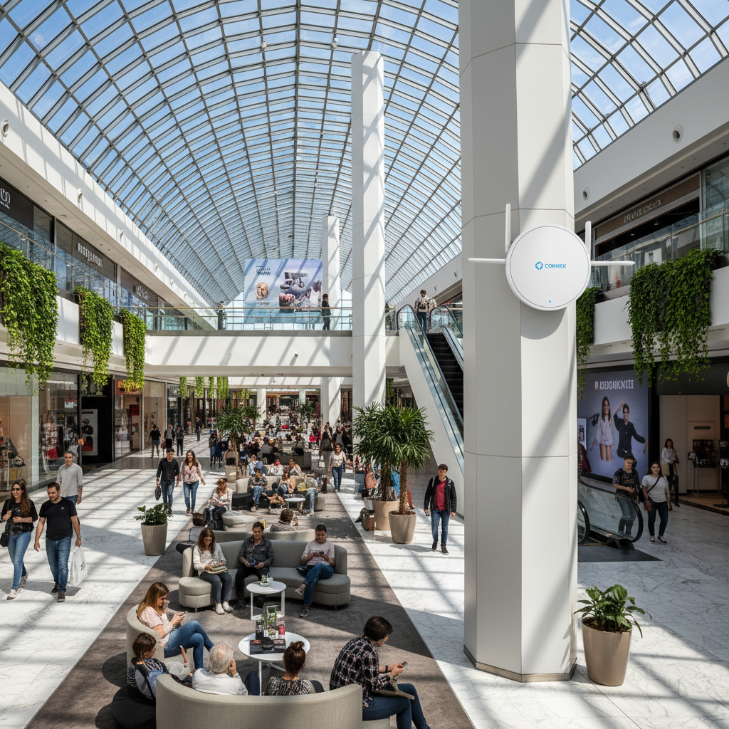 Campanhas automatizadas via Wi-Fi: Guia com ROI Real 4 Pessoas em shopping moderno com antenas para campanhas automatizadas via wi-fi em plano aberto e iluminação natural.